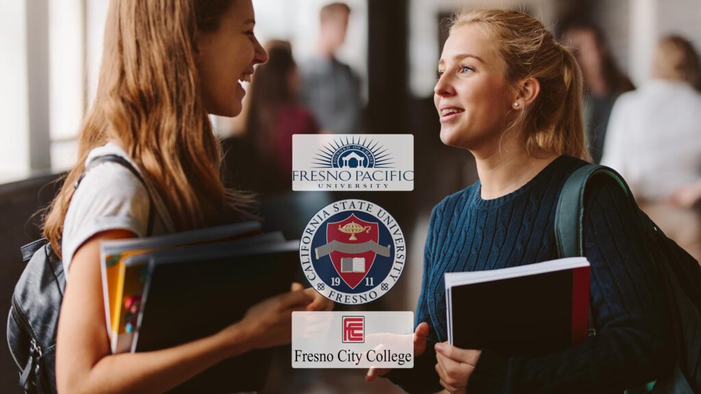 Women college students with the logos of Fresno State University, Fresno City College, and Fresno Pacific University